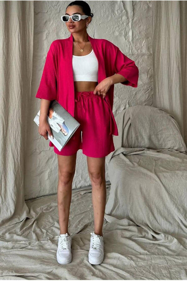 Women's Relaxed Fit Kimono Top and Shorts Summer Set - 5