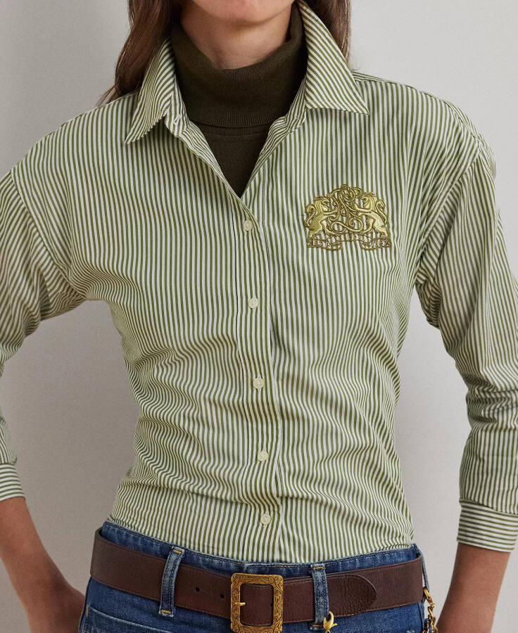 Women's Relaxed-Fit Striped Broadcloth Shirt Olive/White - 3