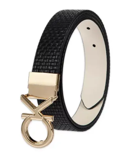 Women's Reversible Puffed CK Monogram Buckle Belt - Black/Bone - 5