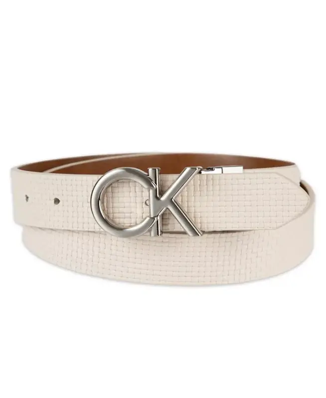 Women's Reversible Puffed CK Monogram Buckle Belt - Bone/Brown - CALVIN KLEIN