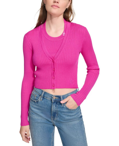 Women's Ribbed Button-Down Cropped Cardigan Sweater Hot Pink - 1