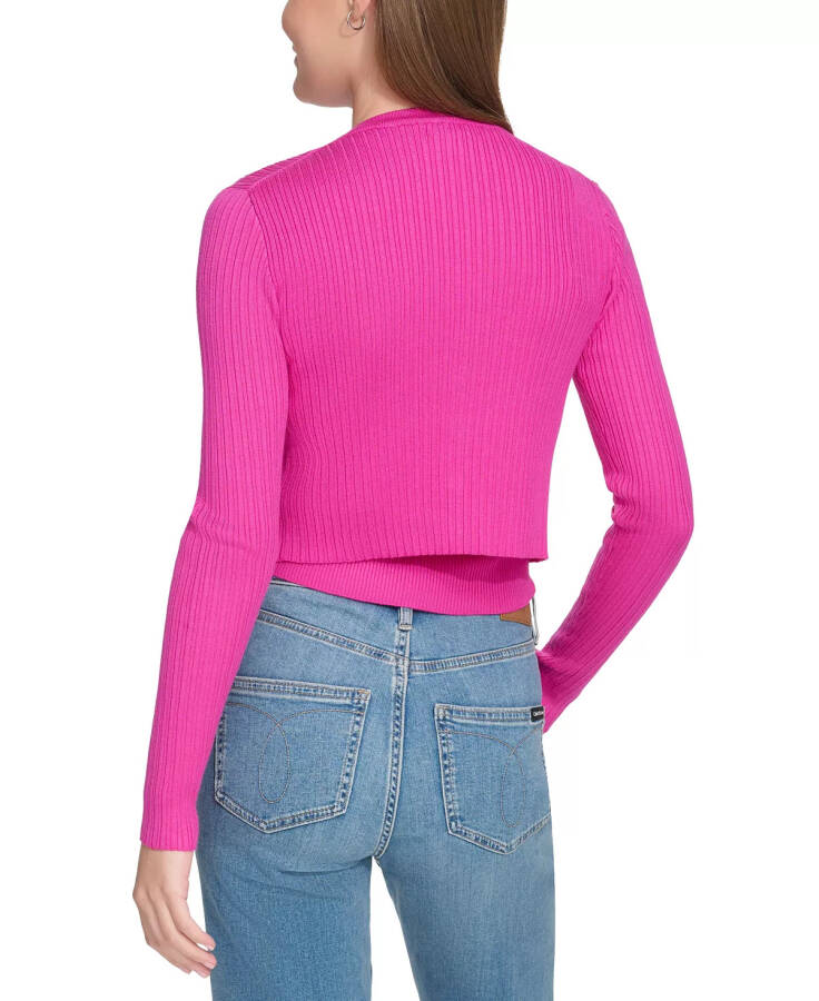 Women's Ribbed Button-Down Cropped Cardigan Sweater Hot Pink - 2