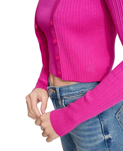 Women's Ribbed Button-Down Cropped Cardigan Sweater Hot Pink - 4