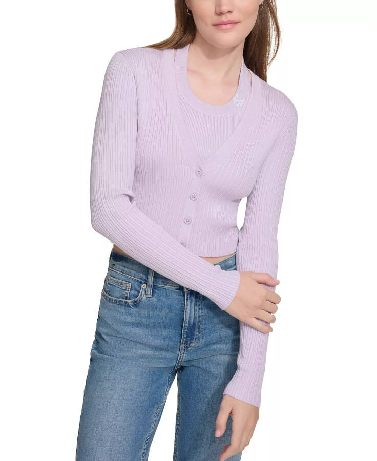 Women's Ribbed Button-Down Cropped Cardigan Sweater Orchid - 1