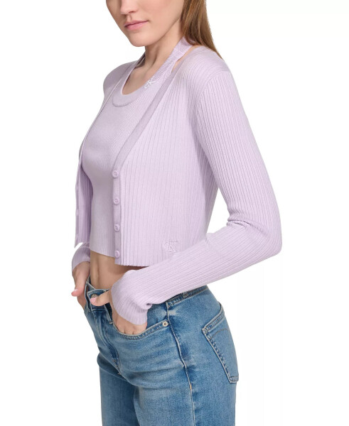 Women's Ribbed Button-Down Cropped Cardigan Sweater Orchid - 3