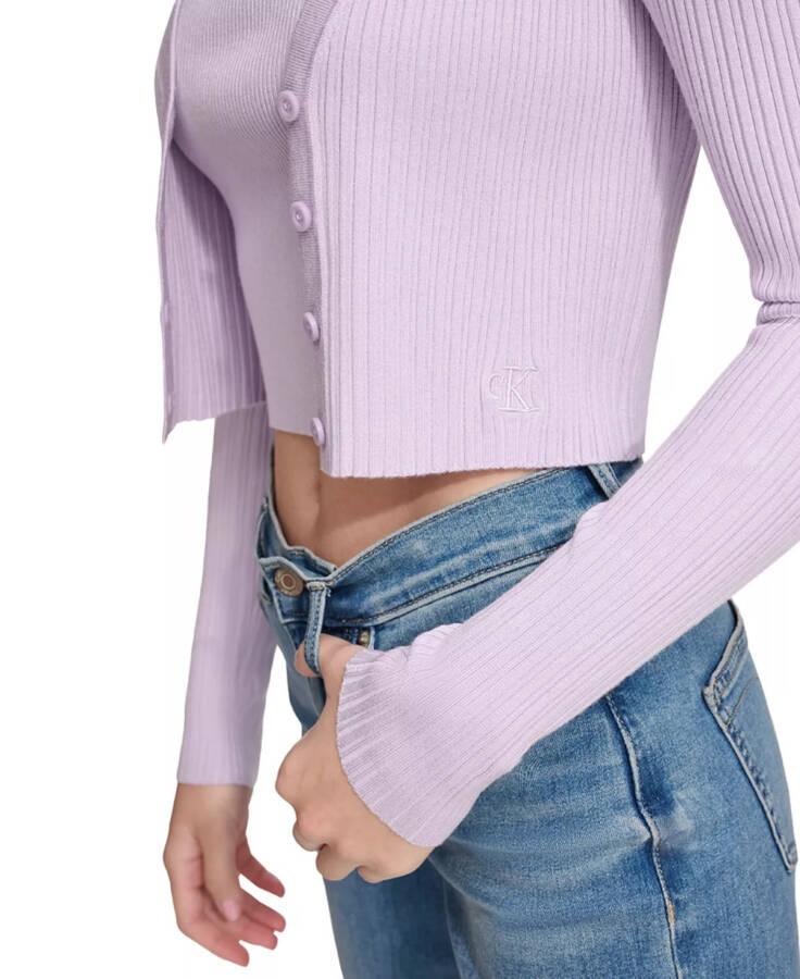 Women's Ribbed Button-Down Cropped Cardigan Sweater Orchid - 4