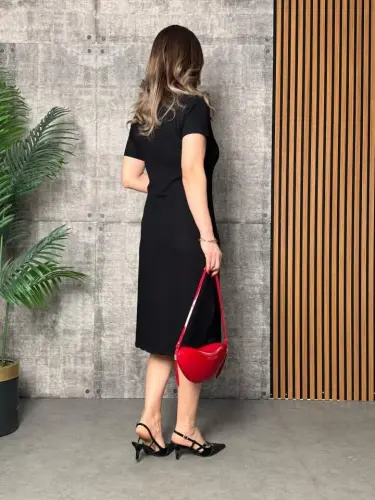 Women's Ribbed Collar Double Slit Dress - 3