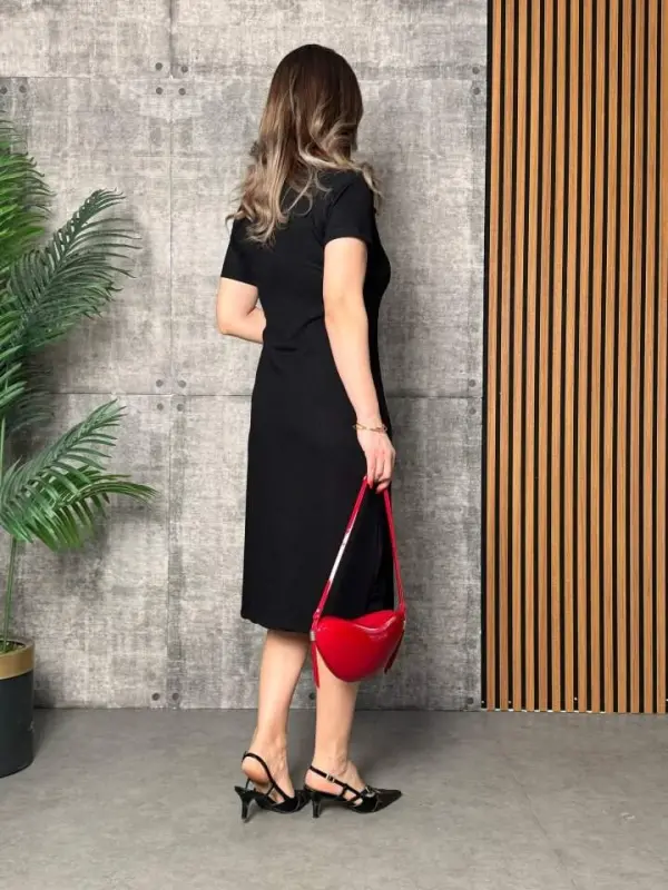 Women's Ribbed Collar Double Slit Dress - 3