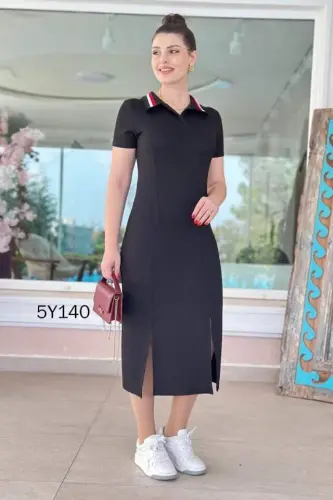 Women's Ribbed Collar Double Slit Dress - 7