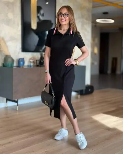 Women's Ribbed Collar Double Slit Dress - 1