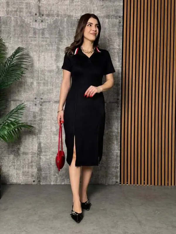 Women's Ribbed Collar Double Slit Dress - 2