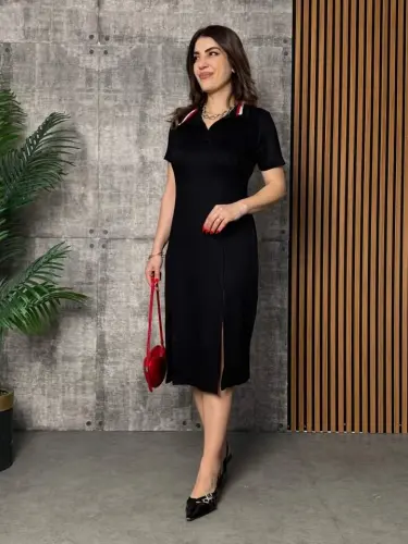 Women's Ribbed Collar Double Slit Dress - 5