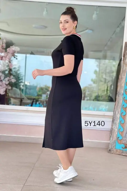 Women's Ribbed Collar Double Slit Dress - 7