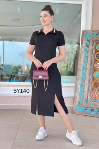 Women's Ribbed Collar Double Slit Dress - 8