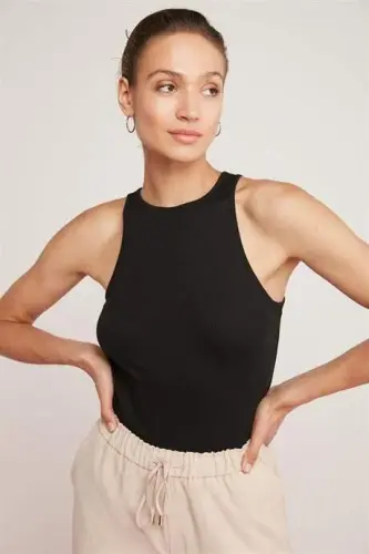 Women's Ribbed Look T-Shirt Halter Neck Black Tank Top - 1