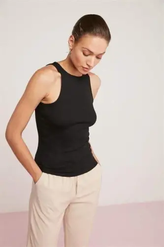 Women's Ribbed Look T-Shirt Halter Neck Black Tank Top - 4