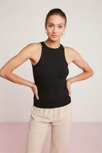 Women's Ribbed Look T-Shirt Halter Neck Black Tank Top - 5