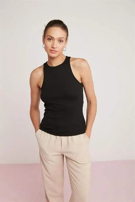 Women's Ribbed Look T-Shirt Halter Neck Black Tank Top - 6