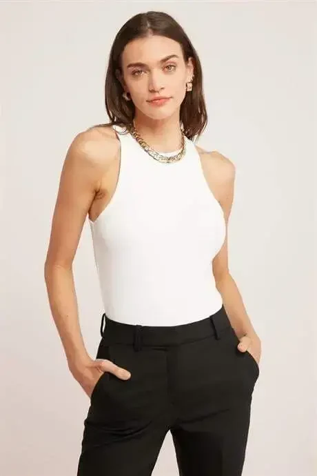 Women's Ribbed Look T-shirt Halterneck White Tank Top - BÜYÜKBEDENIZ