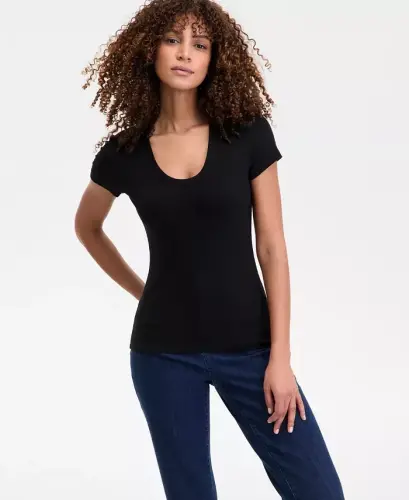 Women's Ribbed Scoop-Neck Top, Exclusively at Modazone-Deep Black 