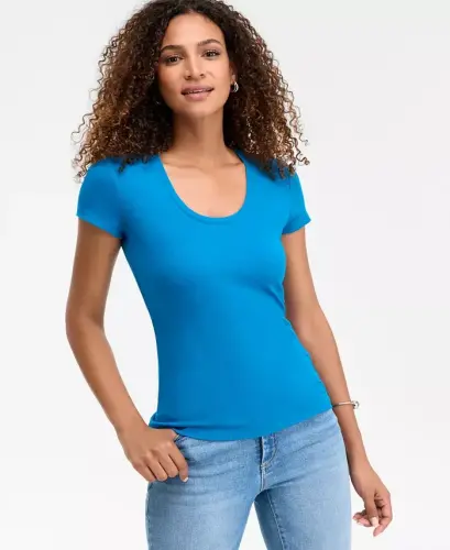 Women's Ribbed Scoop-Neck Top, Exclusively at Modazone - Bijoux Blue 