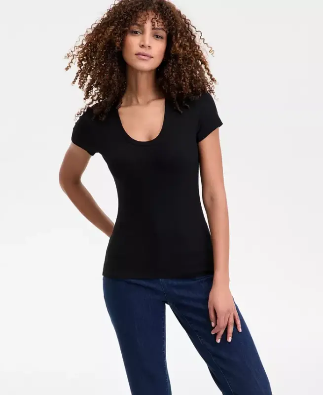 Women's Ribbed Scoop-Neck Top, Exclusively at Modazone-Deep Black - 1