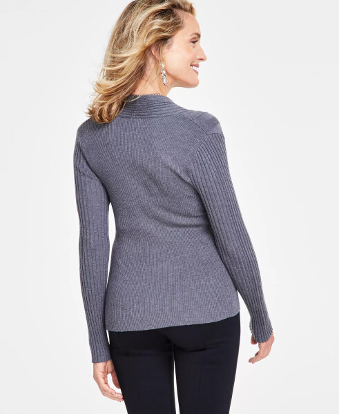 Women's Ribbed Surplice Pullover Sweater, Created for Modazone Medium Heather Grey - 2