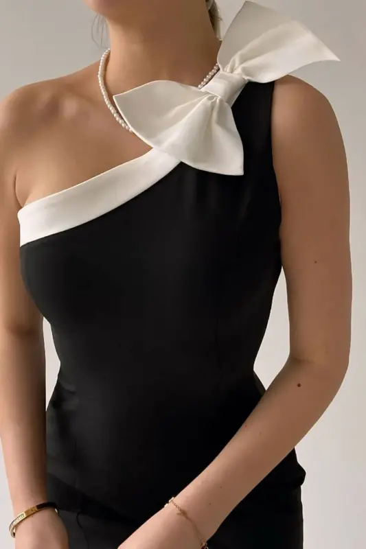 Women's Ribbon Detail Strapless Collar Tie Strap Design Black White Flared Mini Dress-RIBBONED - 4