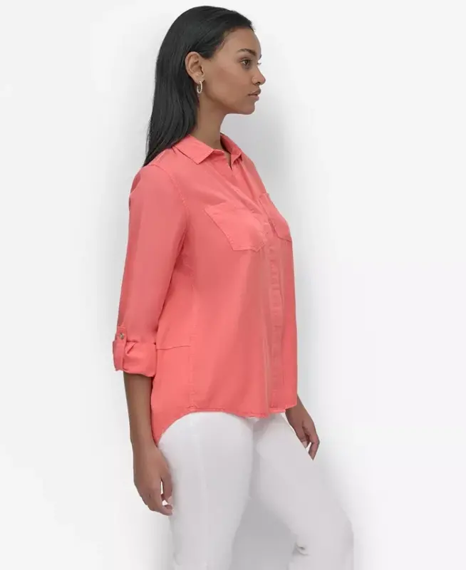 Women's Roll-Tab-Sleeve Button-Front Shirt - Coral Crush - 3