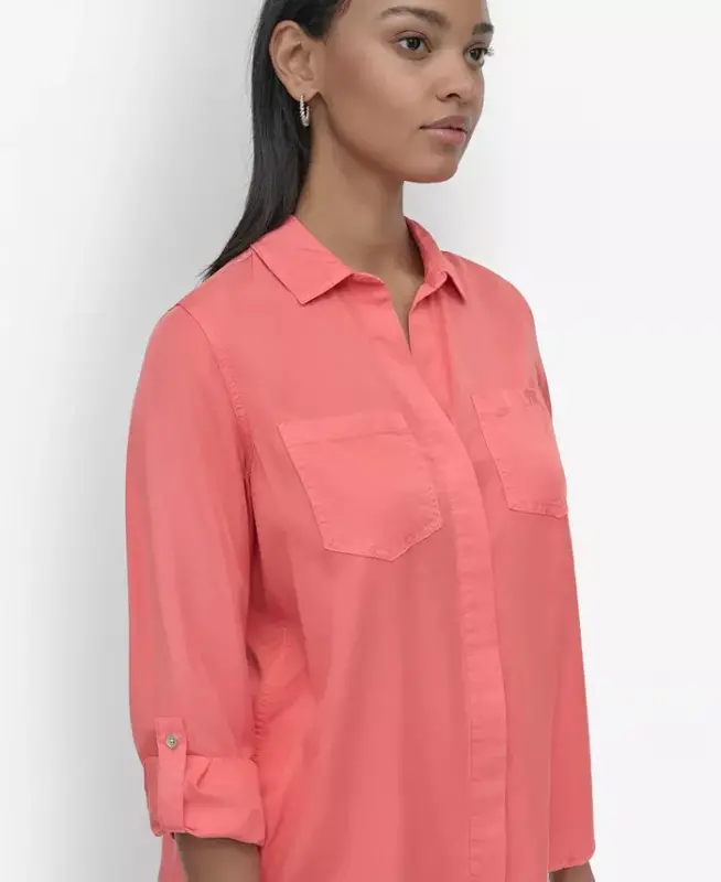 Women's Roll-Tab-Sleeve Button-Front Shirt - Coral Crush - 4