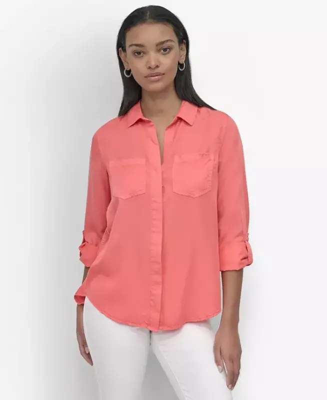 Women's Roll-Tab-Sleeve Button-Front Shirt - Coral Crush - 1