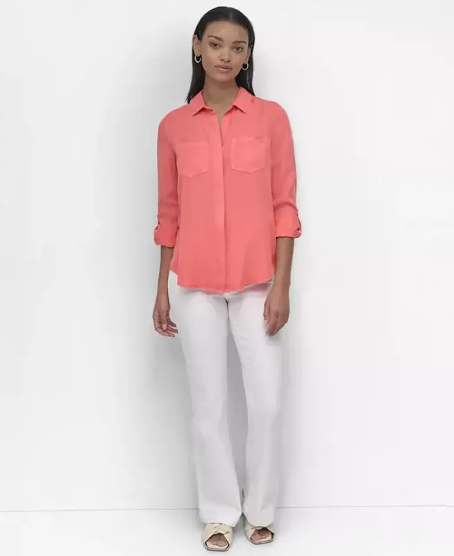 Women's Roll-Tab-Sleeve Button-Front Shirt - Coral Crush - 2