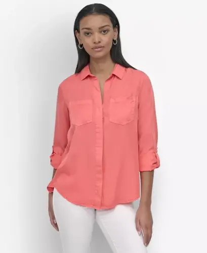 Women's Roll-Tab-Sleeve Button-Front Shirt - Coral Crush 