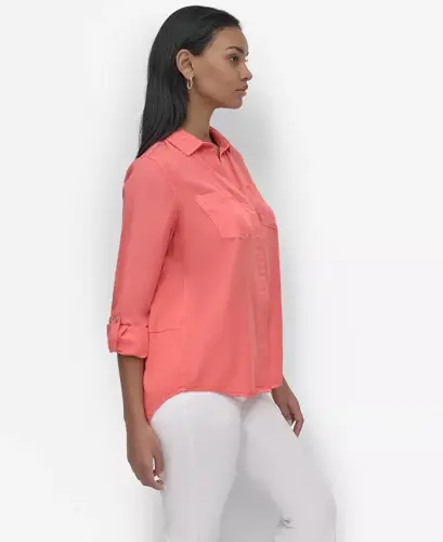 Women's Roll-Tab-Sleeve Button-Front Shirt - Coral Crush - 3