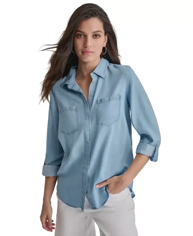 Women's Roll-Tab-Sleeve Button-Front Shirt - Fjz - Chambray - 2