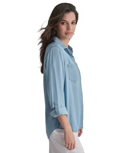 Women's Roll-Tab-Sleeve Button-Front Shirt - Fjz - Chambray - 3