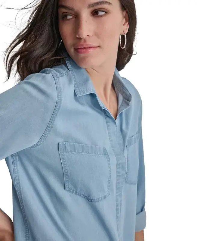 Women's Roll-Tab-Sleeve Button-Front Shirt - Fjz - Chambray - 4