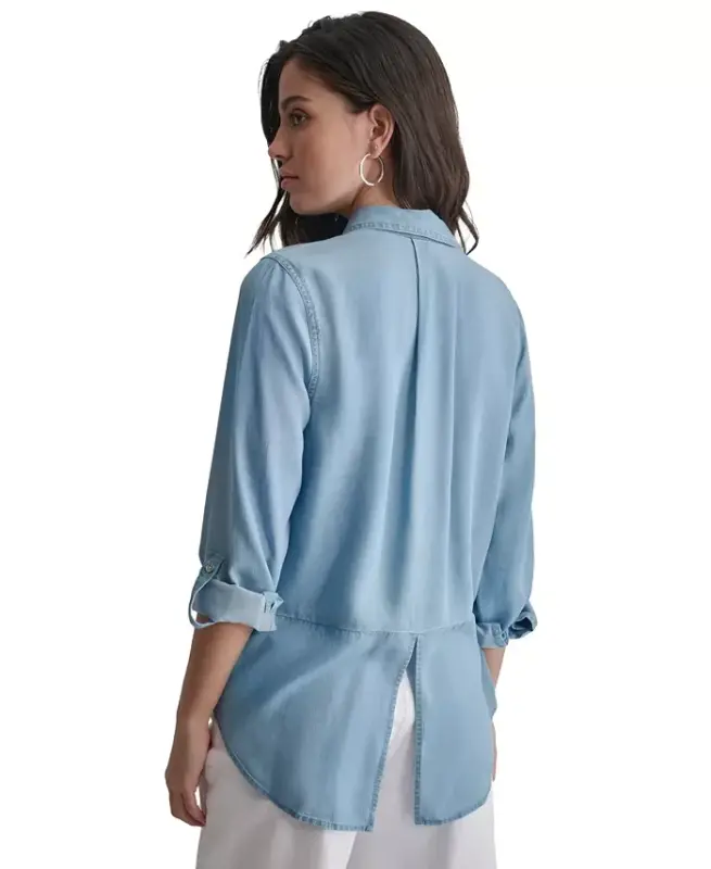 Women's Roll-Tab-Sleeve Button-Front Shirt - Fjz - Chambray - 5