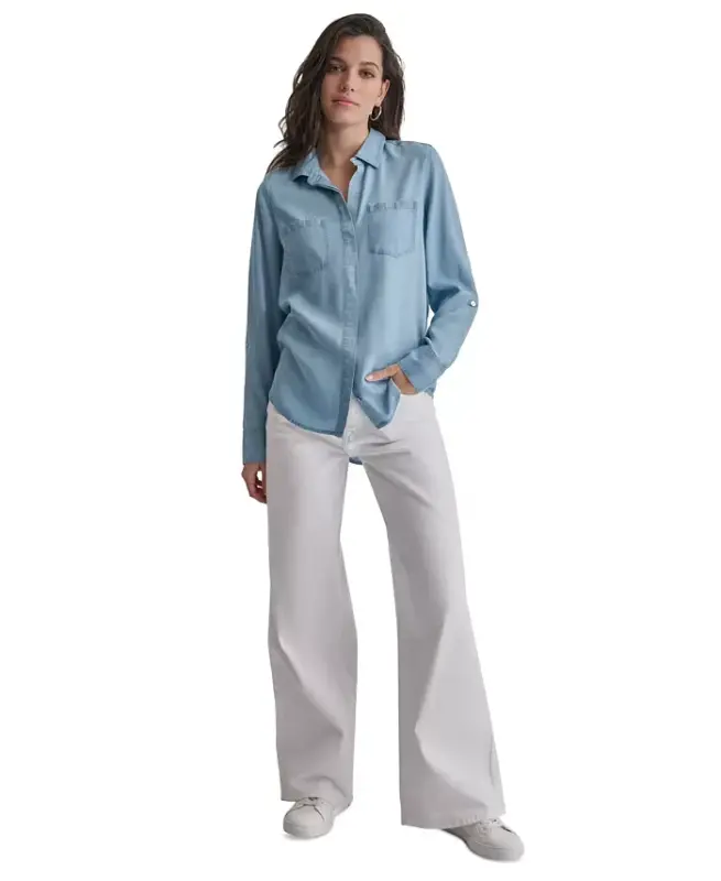 Women's Roll-Tab-Sleeve Button-Front Shirt - Fjz - Chambray - 6