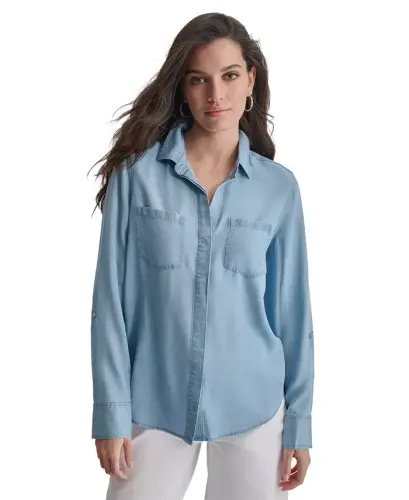 Women's Roll-Tab-Sleeve Button-Front Shirt - Fjz - Chambray 