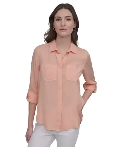 Women's Roll-Tab-Sleeve Button-Front Shirt - Trd - Tropcl Peach - 1
