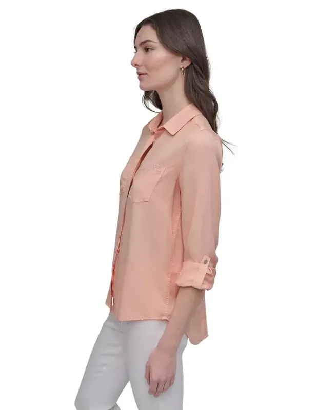 Women's Roll-Tab-Sleeve Button-Front Shirt - Trd - Tropcl Peach - 3