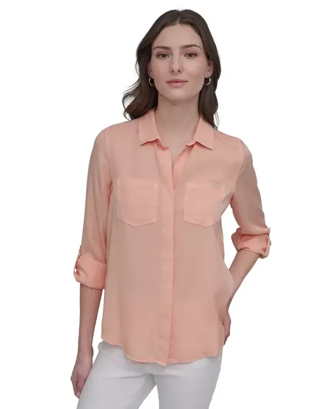 Women's Roll-Tab-Sleeve Button-Front Shirt - Trd - Tropcl Peach - DKNY JEANS