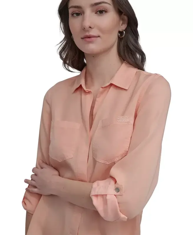 Women's Roll-Tab-Sleeve Button-Front Shirt - Trd - Tropcl Peach - 4