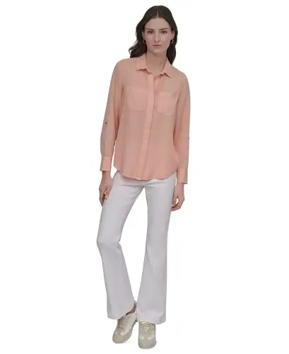 Women's Roll-Tab-Sleeve Button-Front Shirt - Trd - Tropcl Peach - 7