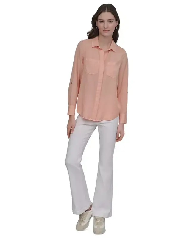 Women's Roll-Tab-Sleeve Button-Front Shirt - Trd - Tropcl Peach - 7