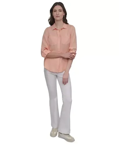 Women's Roll-Tab-Sleeve Button-Front Shirt - Trd - Tropcl Peach - 8