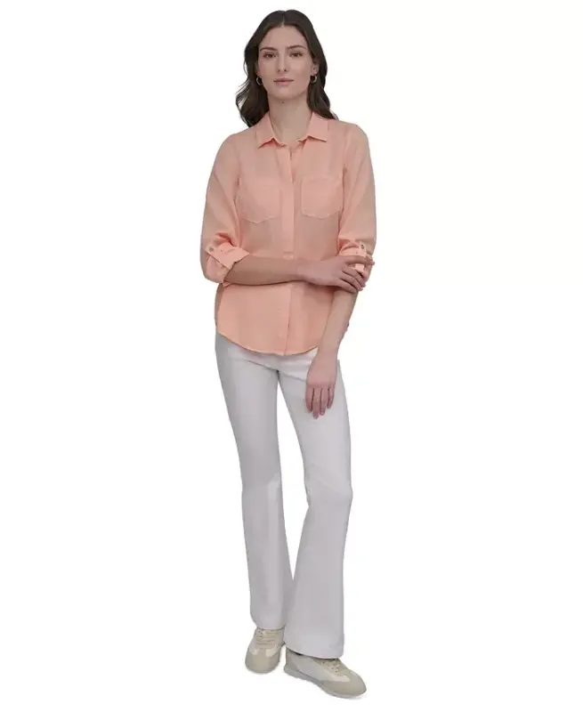 Women's Roll-Tab-Sleeve Button-Front Shirt - Trd - Tropcl Peach - 8