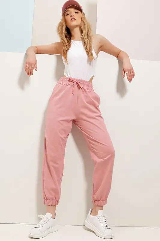 Women's Rose Color Cuffed Two-Thread Sweatpants ALC-Y2933 - 1