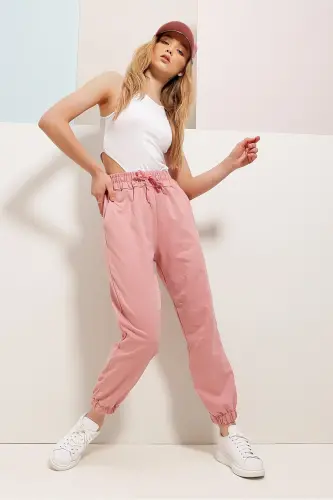 Women's Rose Color Cuffed Two-Thread Sweatpants ALC-Y2933 - 3
